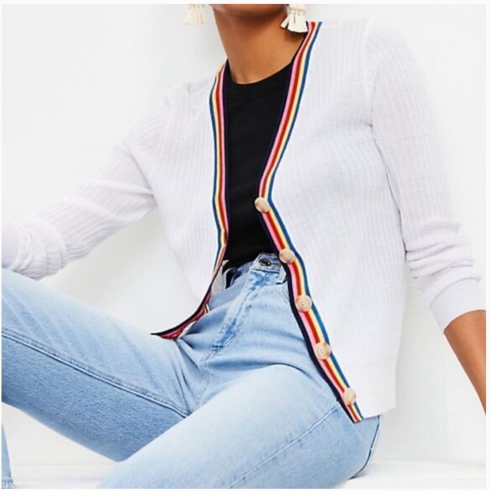 LOFT White Ribbed Button V Neck Sweater With Rainbow  Multicolor Trim M NWT